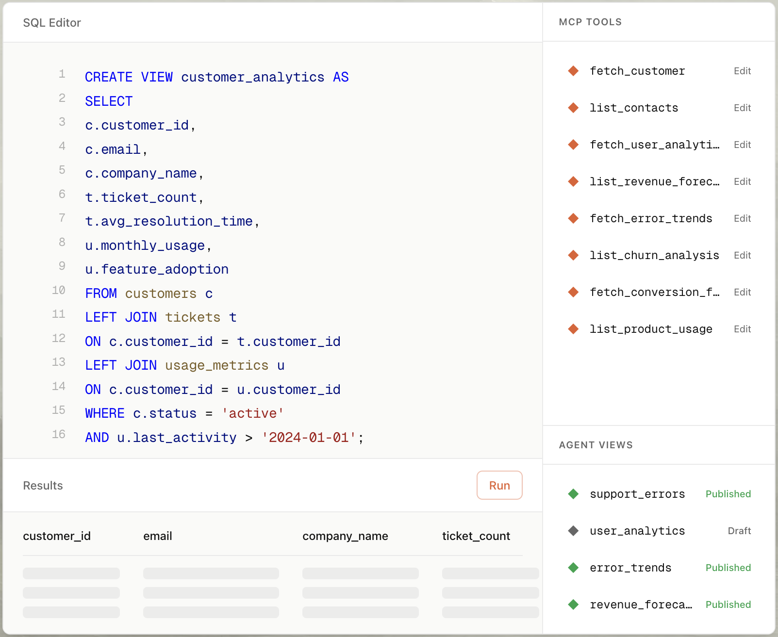 Pylar SQL IDE interface showing datasource selector, query editor, and results panel